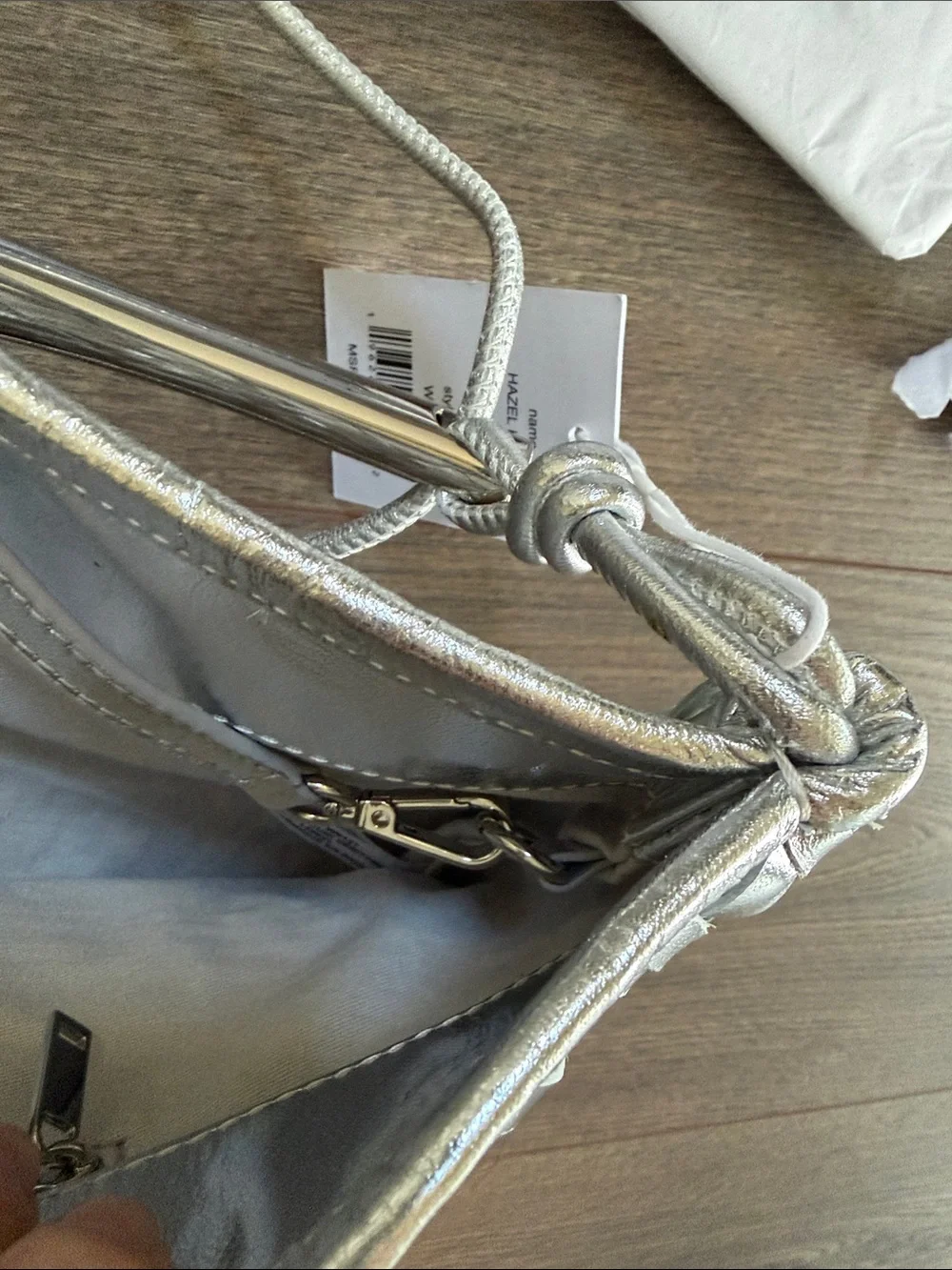 Walter Baker Leather Weaved Hazel Hobo Bag Silver Indsutrial Handle Metallic NEW
